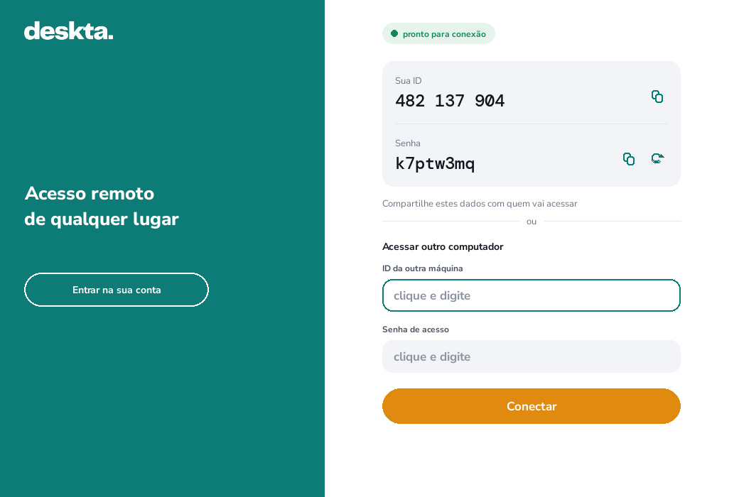 Tela inicial do Deskta: à esquerda a marca e a entrada na conta,
              à direita o ID, a senha e o campo para conectar.